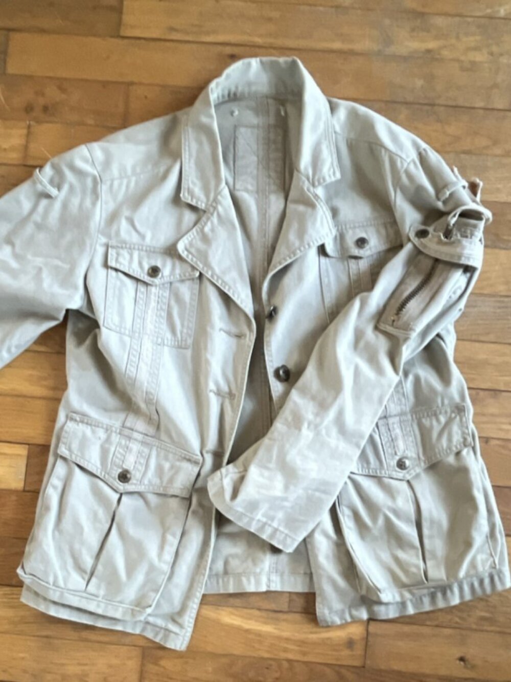 DA-NANG Beige Military Style Jacket with Utility Pockets, Epaulette, Zipper